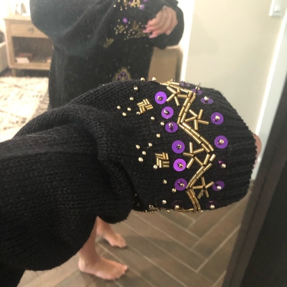 VINTAGE Sweater Womens medium Black Knit Beaded Pullover Ugly Christmas Sequin - Picture 4 of 8
